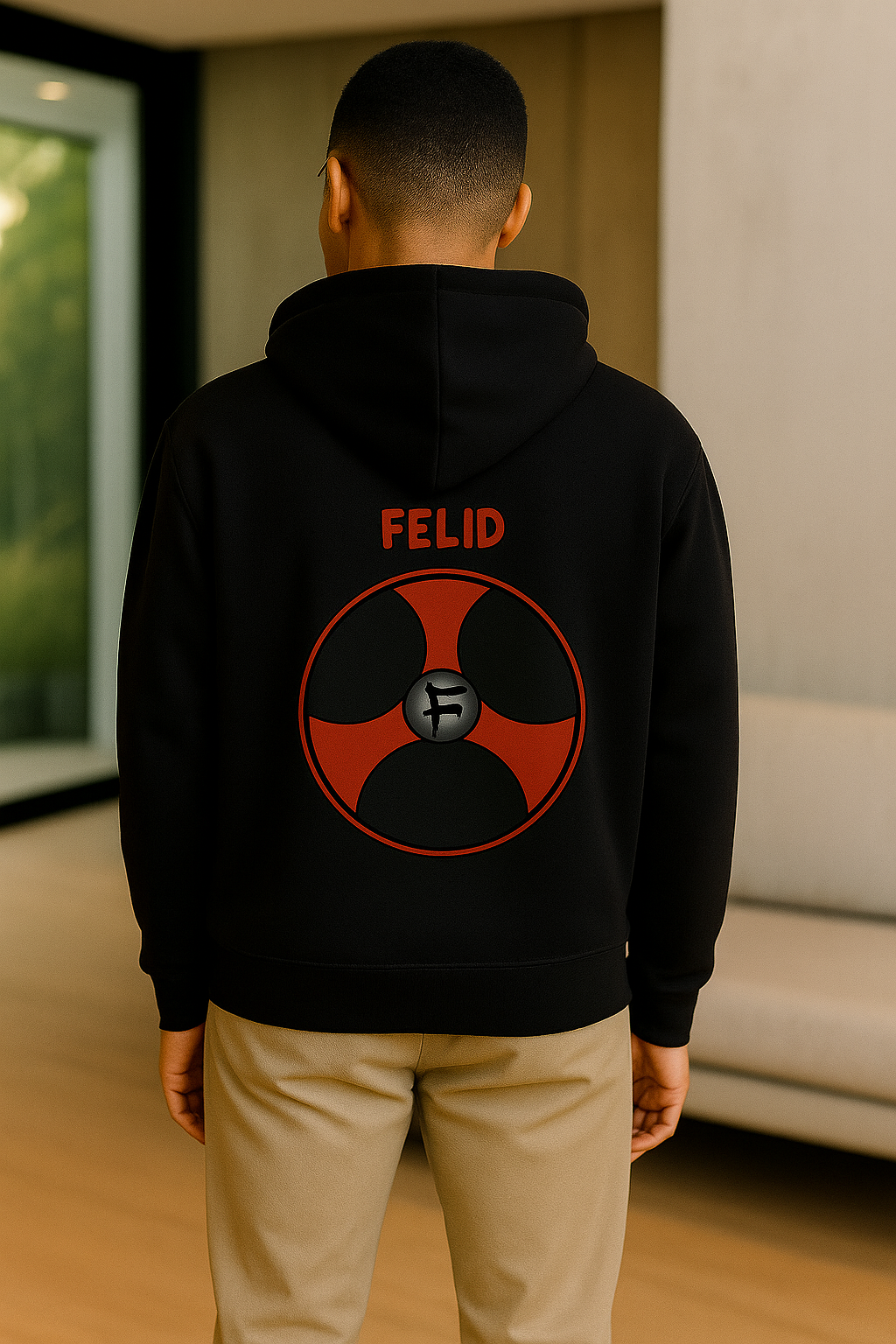 Chandail à capuchon noir FELID avec imprimé à l'avant et derrière.