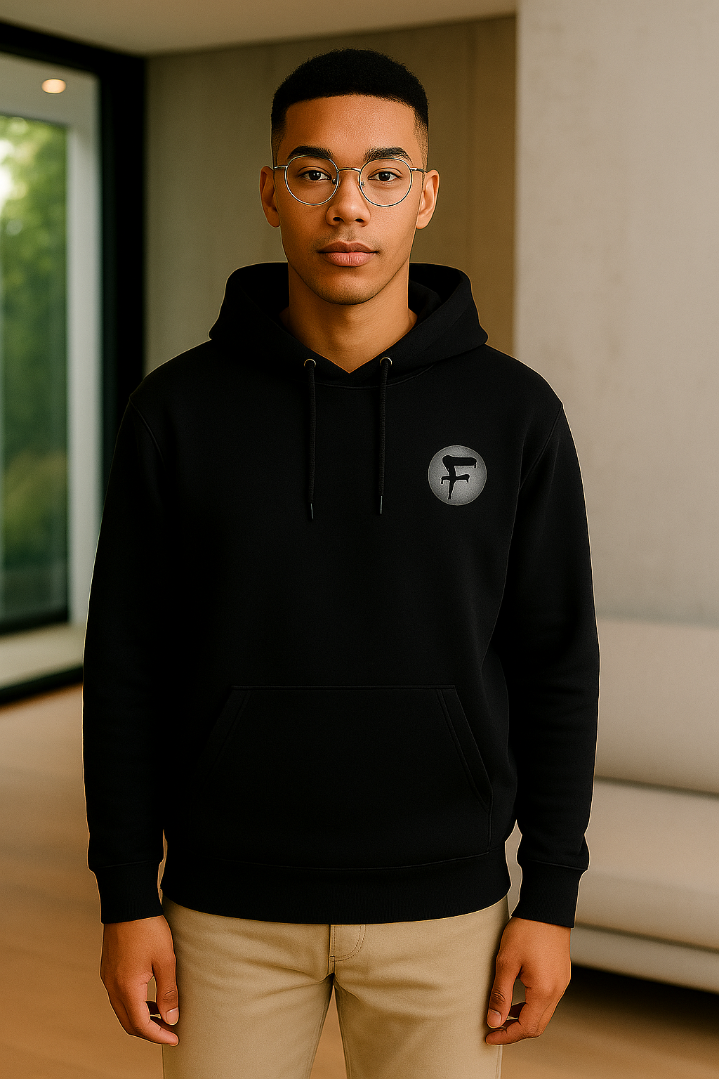 Chandail à capuchon noir FELID avec imprimé à l'avant et derrière.